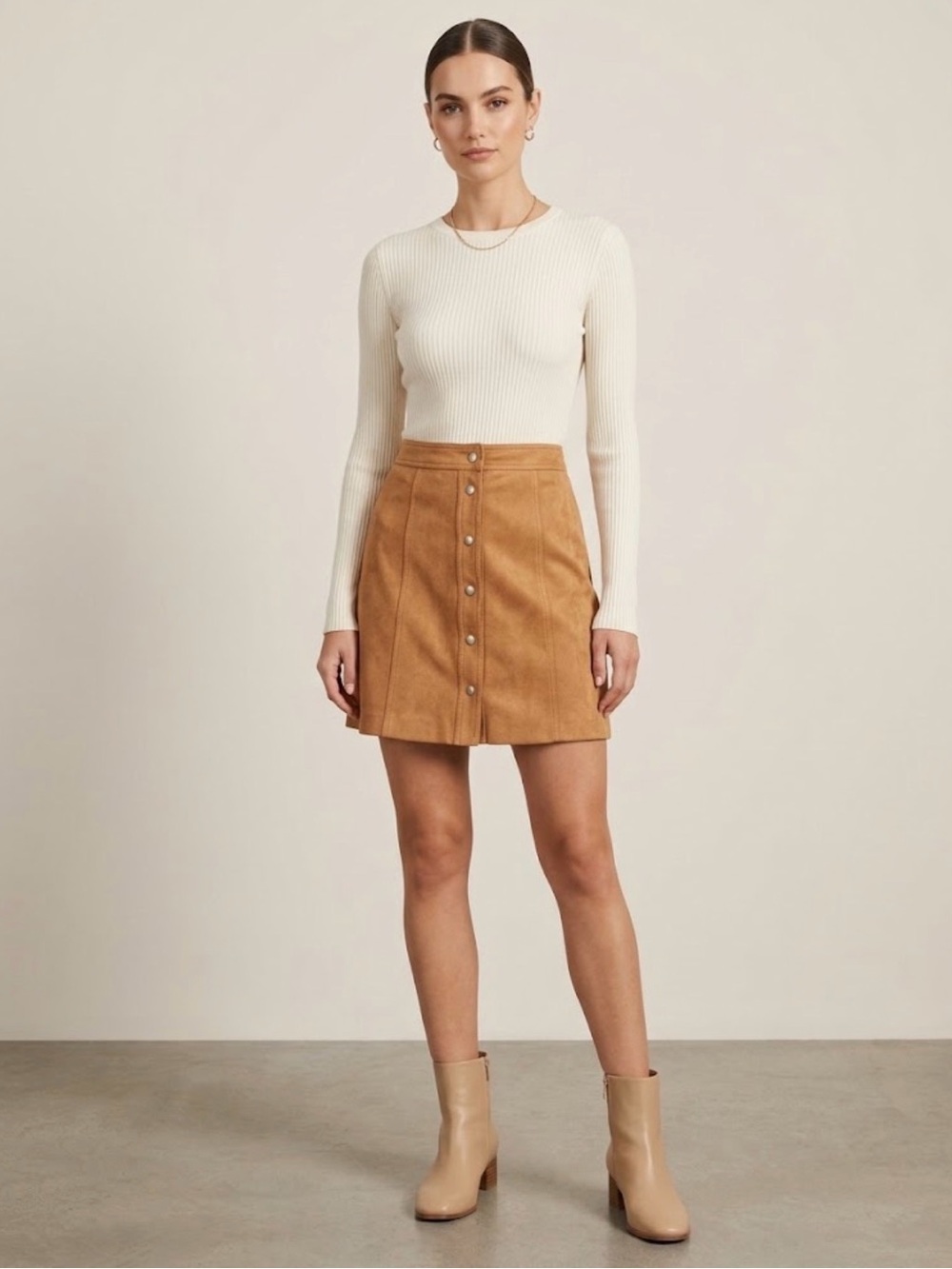 H&M Camel Button-Front Suede Mini Skirt